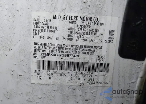 2016 Ford Edge Se from USA, damaged, VIN 2FMPK4G92GBB77478